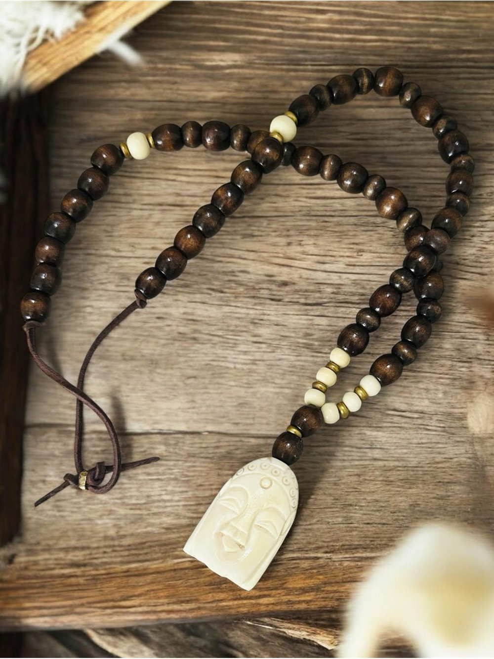 Wooden Bead Necklace with Bone Buddha Pendant